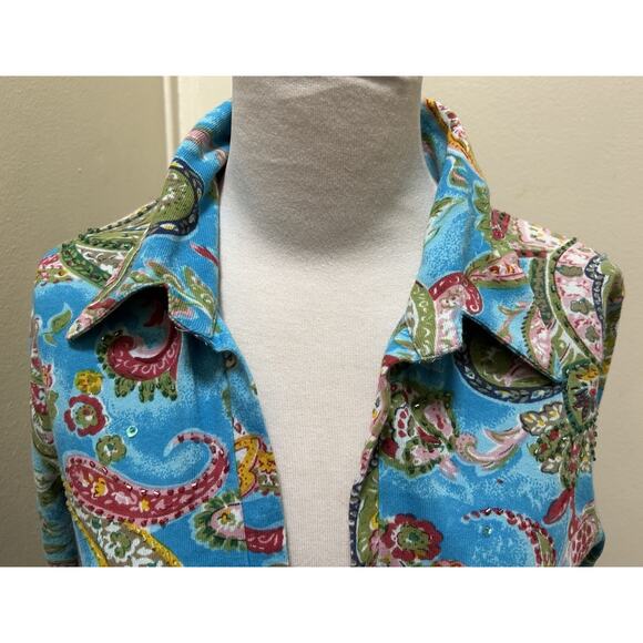 NWT Chaudry Sports Women's V-Neck Blue Sky Floral Top Beaded Boho Blouse-Size M - Picture 3 of 7